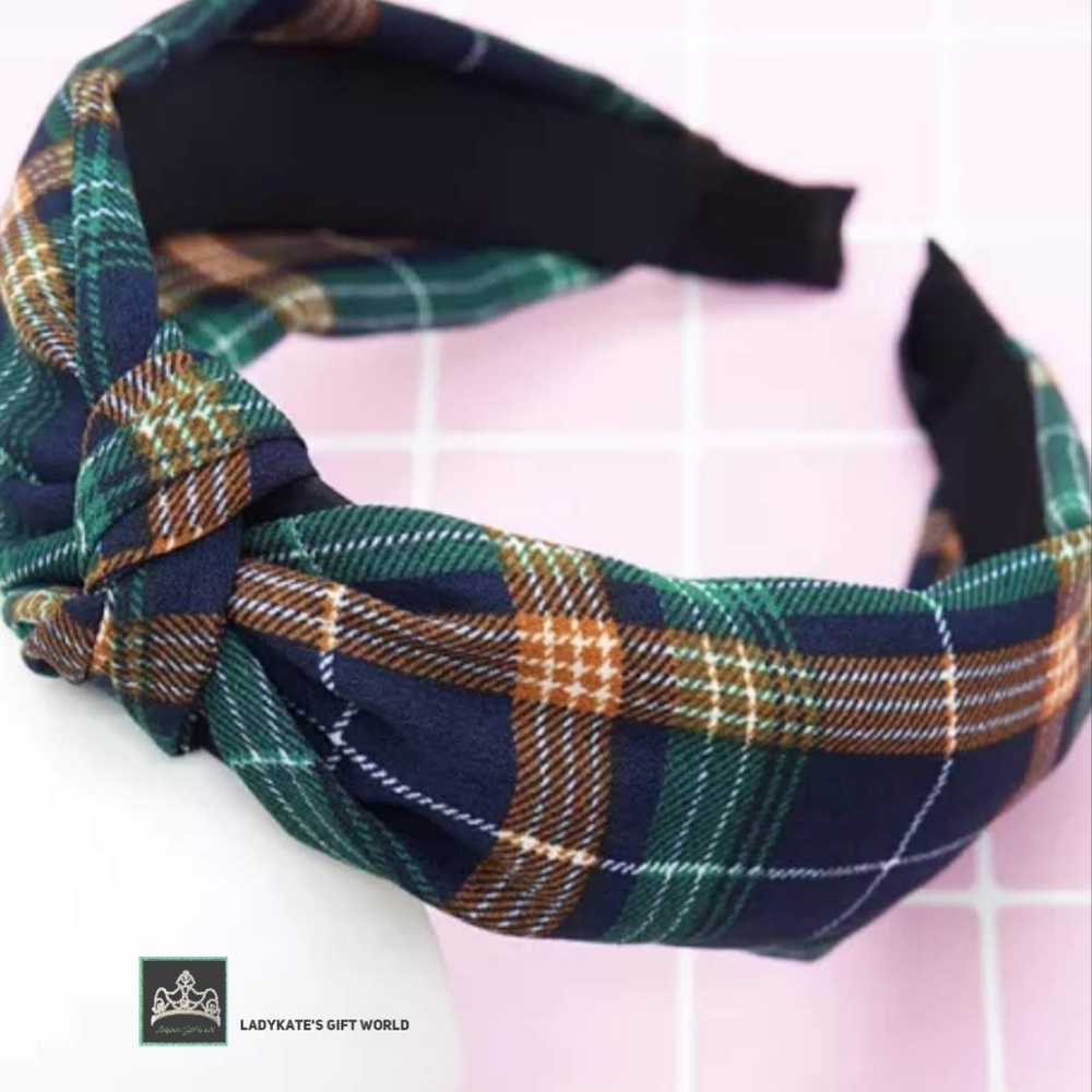 New Plaid Green, Brown and Black Color Knotted Hairband for Women